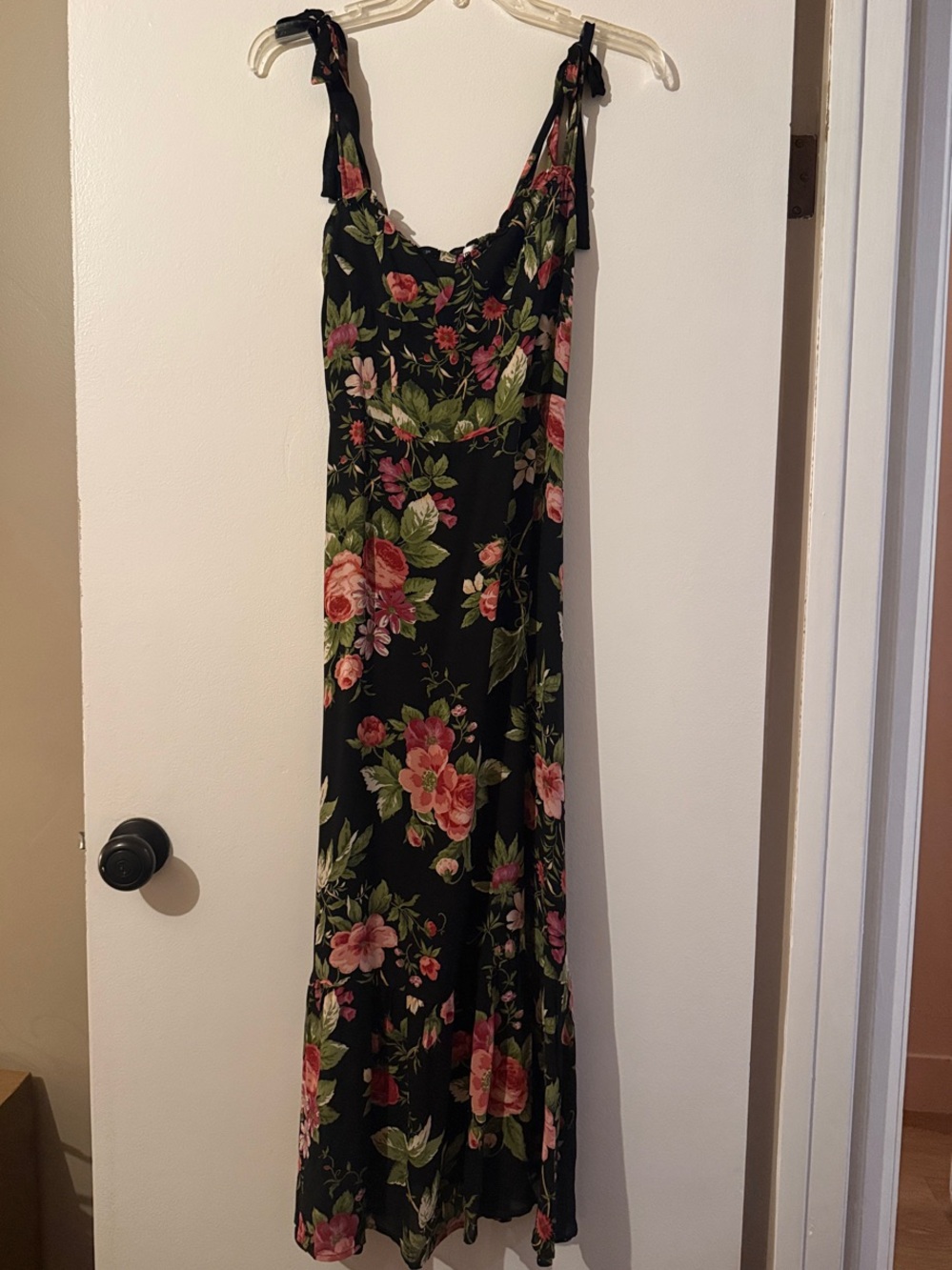 Reformation Black Maxi Dress with Pink & Green Floral Print